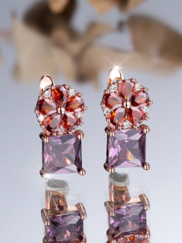 Rose Gold-Tone Red Flower & Purple Square Crystal Huggie Earrings
