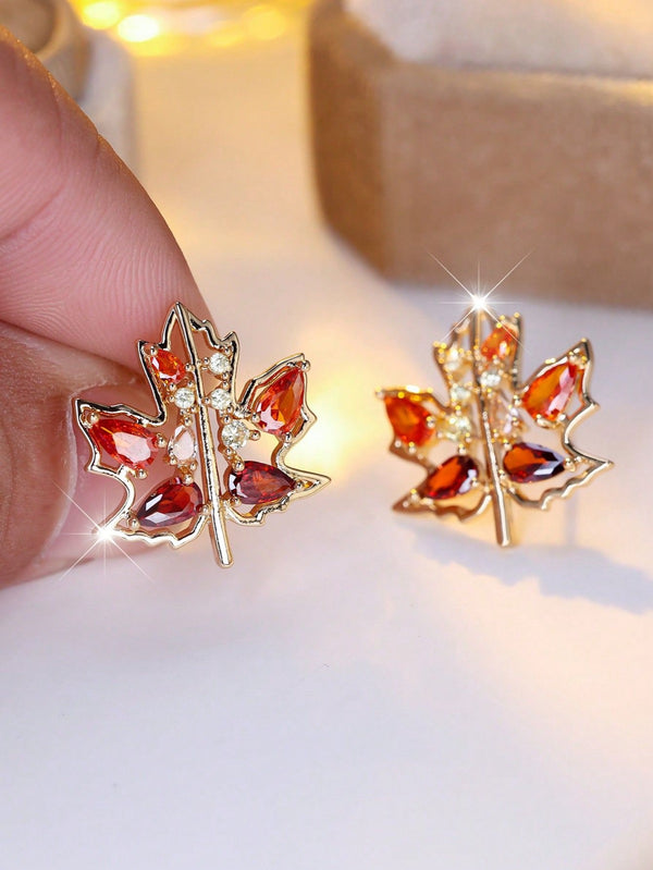 Gold-Tone Garnet-Red Teardrop Crystal Maple Leaf Stud Earrings