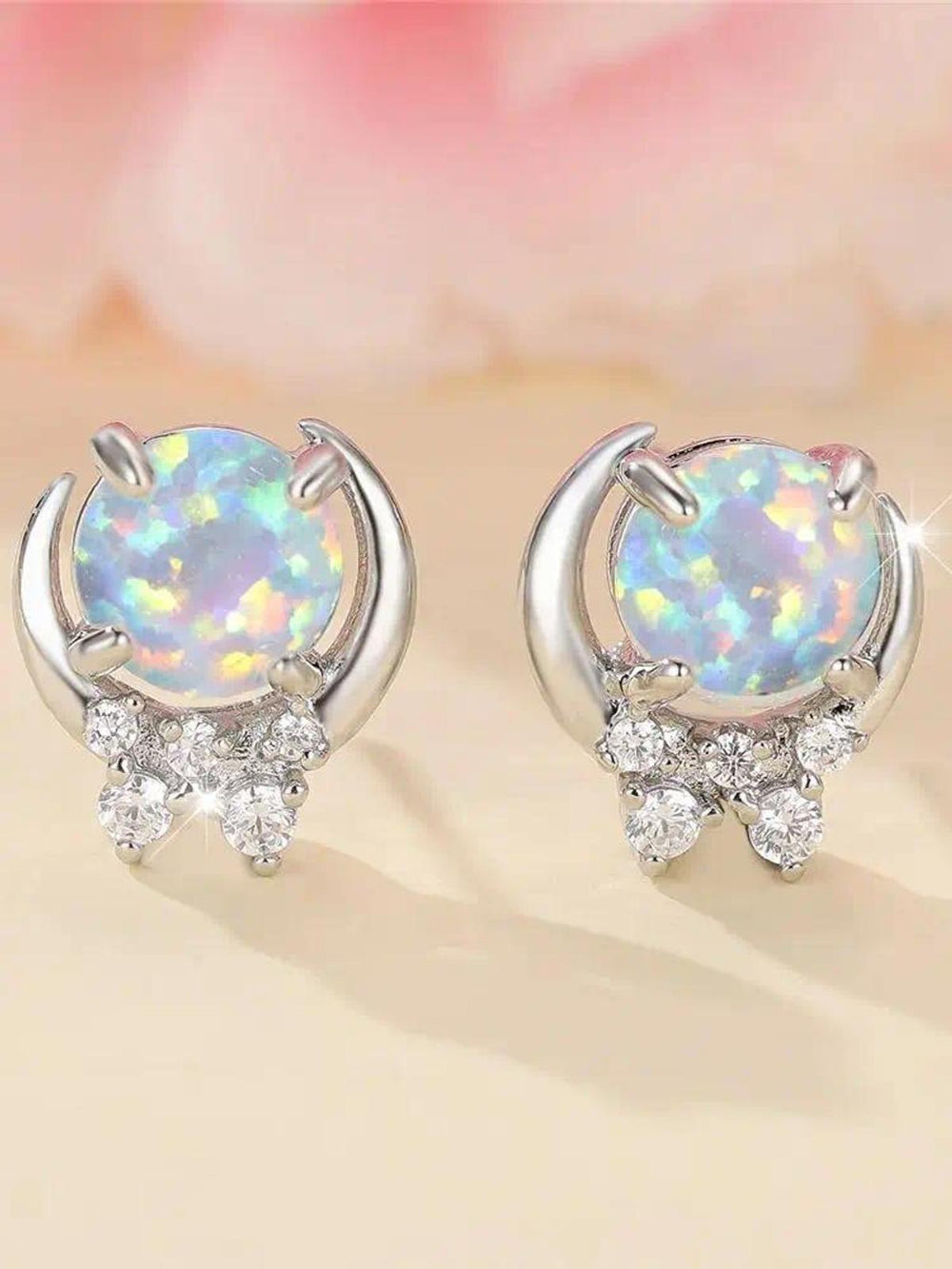 Silver-Tone White Round Simulated Opal Moon Stud Earrings