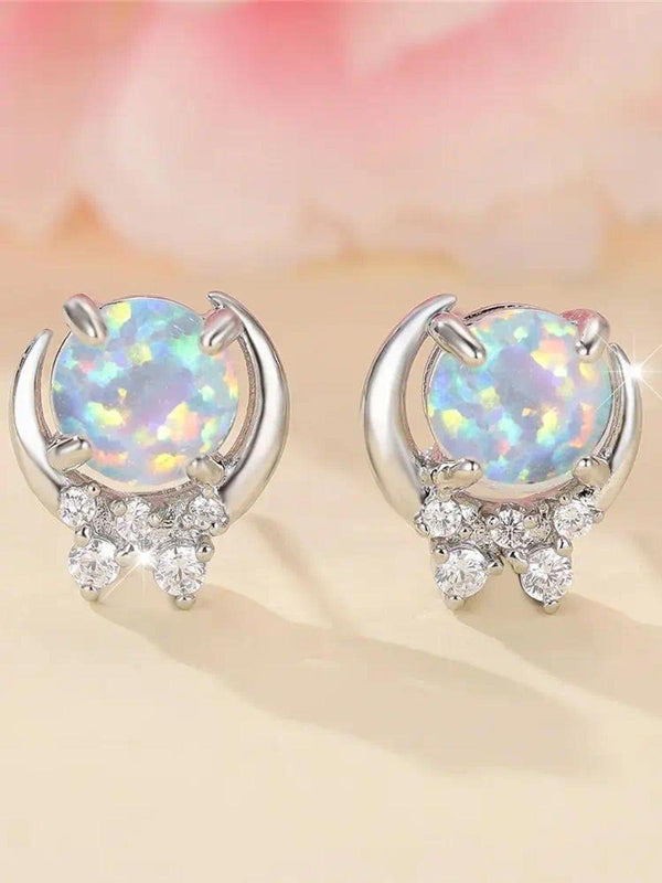 Silver-Tone White Round Simulated Opal Moon Stud Earrings