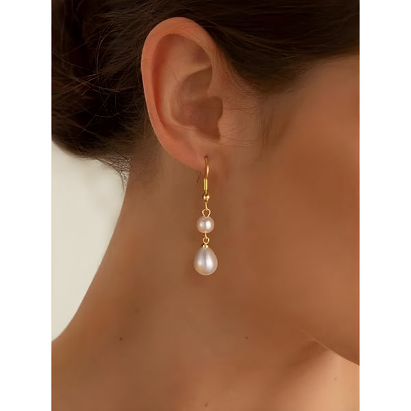 Gold-Tone Double Simulated Pearl Teardrop Dangle Drop Earrings