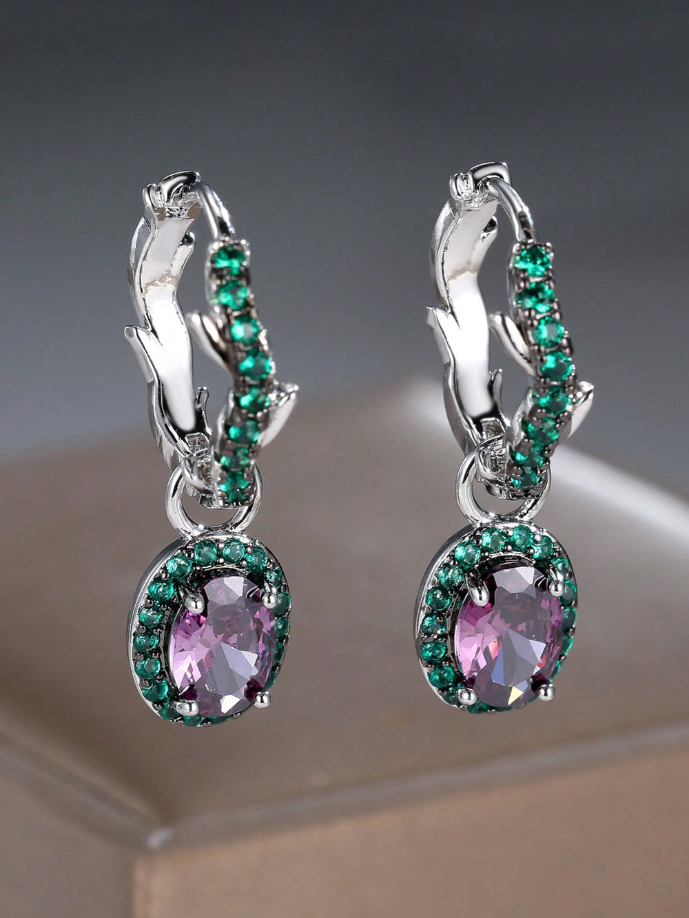 Gunmetal & Silver-Tone Green Pave Purple Oval Crystal Huggie Earrings