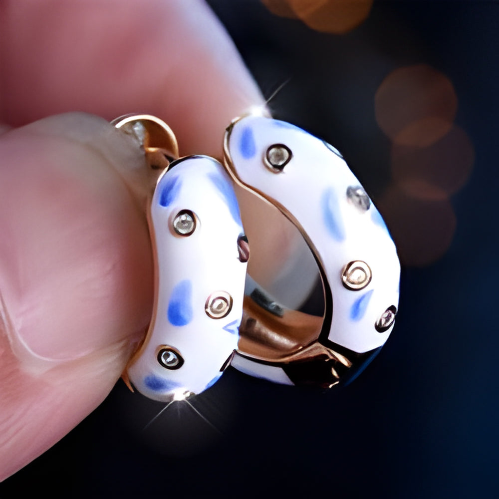 Gold-Tone White Enamel Crystal Inset Round Huggie Hoop Earrings