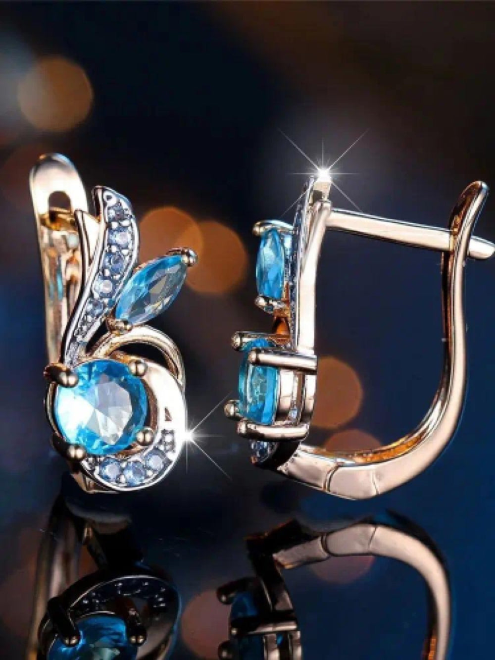 Champagne Gold-Tone Aqua-Blue Crystal Wing Huggie Earrings