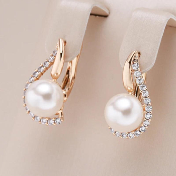 Champagne Gold-Tone Simulated Pearl and White Crystal Drop Earrings