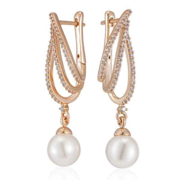Champagne Gold-Tone White Crystal Loop Simulated Pearl Drop Earrings