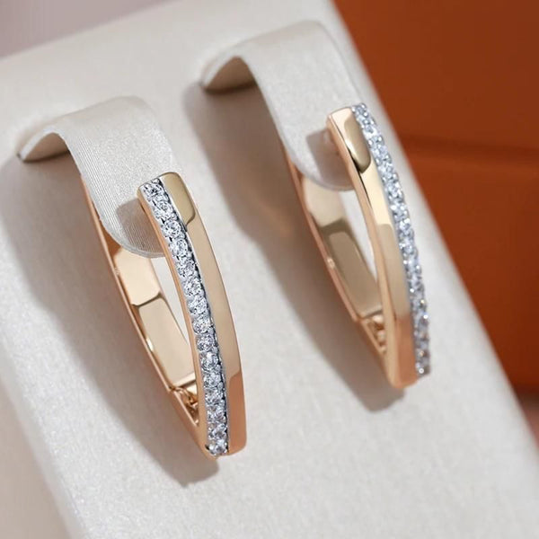 Champagne Gold-Tone V-Shaped Huggie Earrings with White Crystal Row