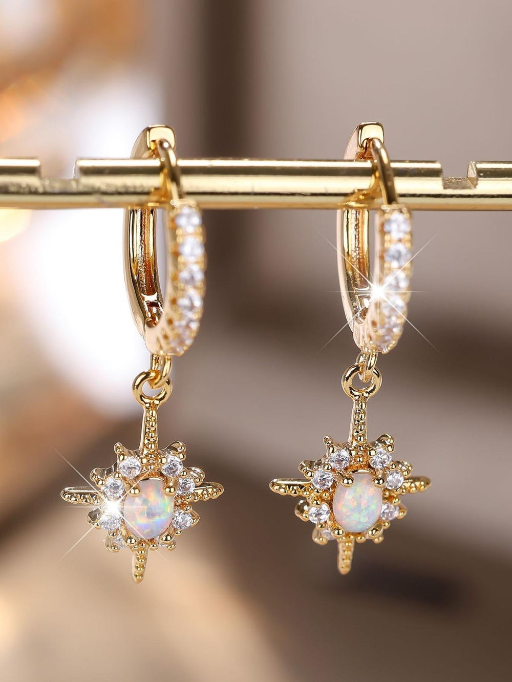 Gold-Tone Haloed White Simulated Opal Egg-Shape Drop Earrings