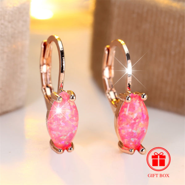 Rose Gold-Tone Pink Marquise Simulated Opal Huggie Hoop Earrings
