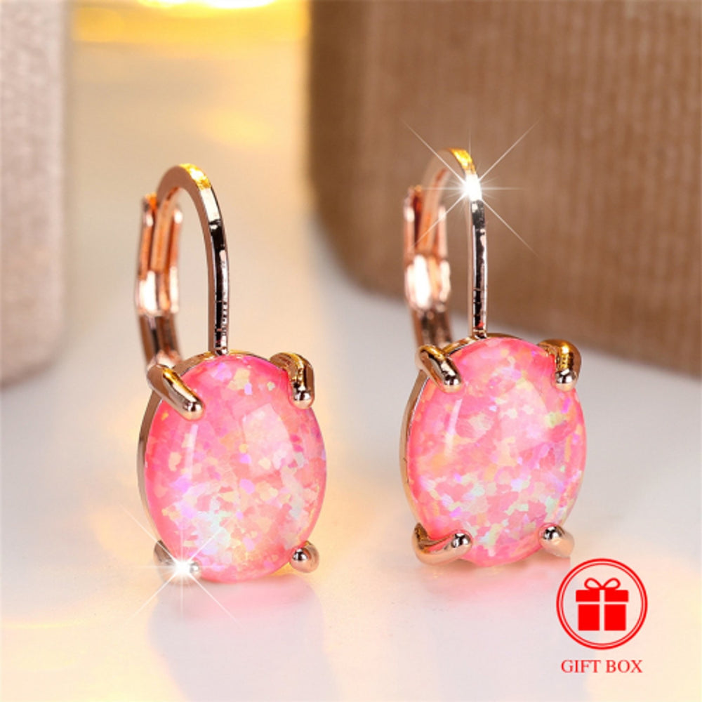 Rose Gold-Tone Pink Simulated Opal Egg-Shape Huggie Earrings