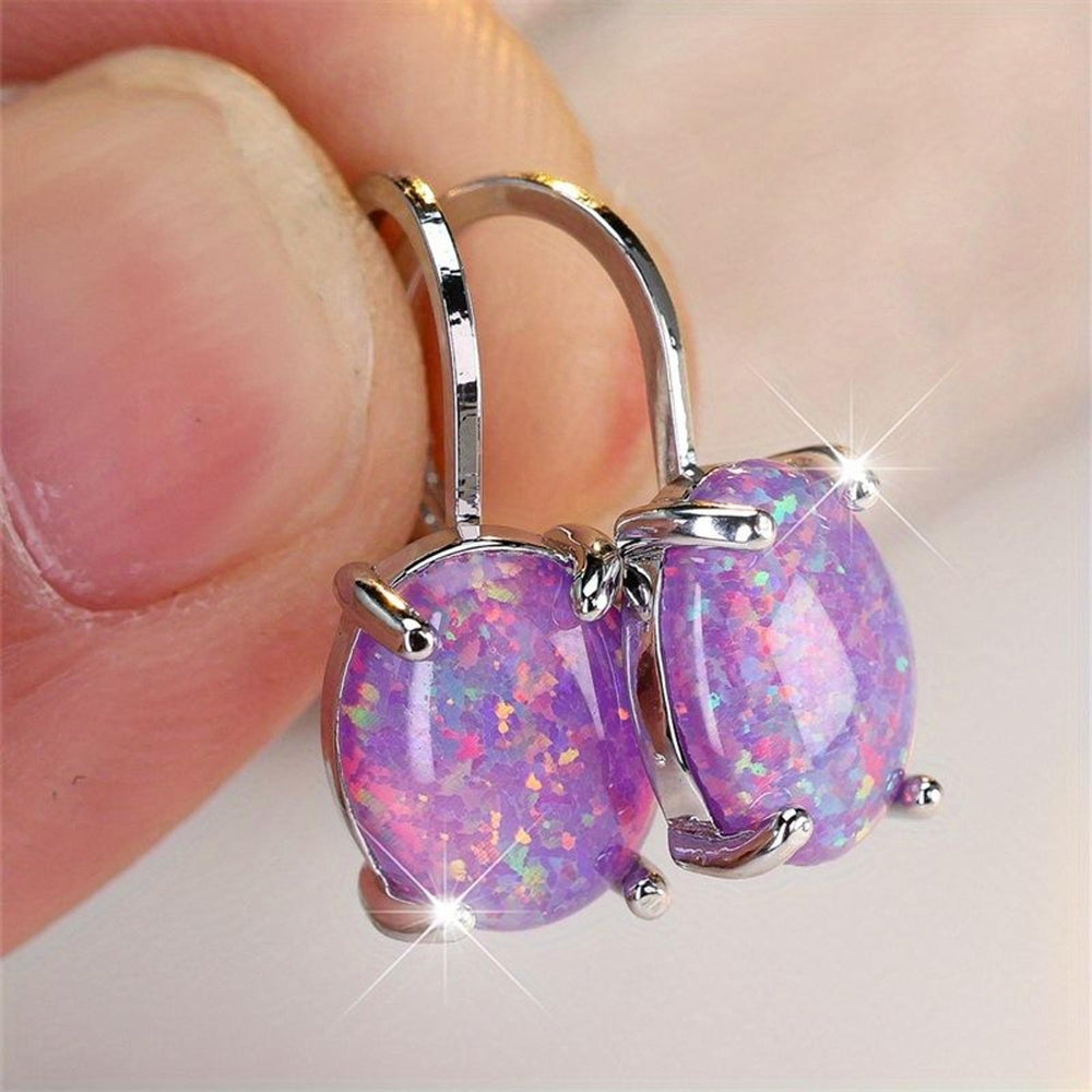 Silver-Tone Purple Simulated Opal Egg-Shape Huggie Earrings