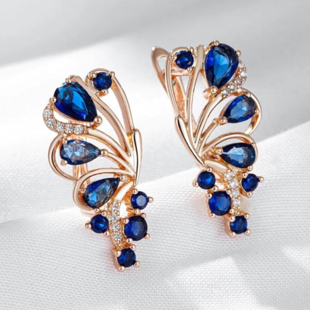 Champagne Gold-Tone Royal Blue Crystal Butterfly Wing Huggie Earrings
