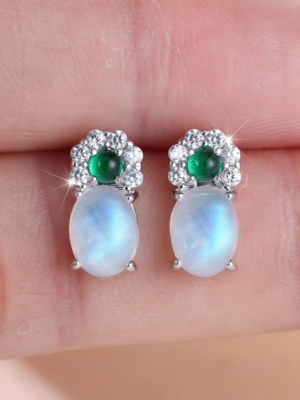 Silver-Tone Opalescent Oval Stone Green Flower Stud Earrings