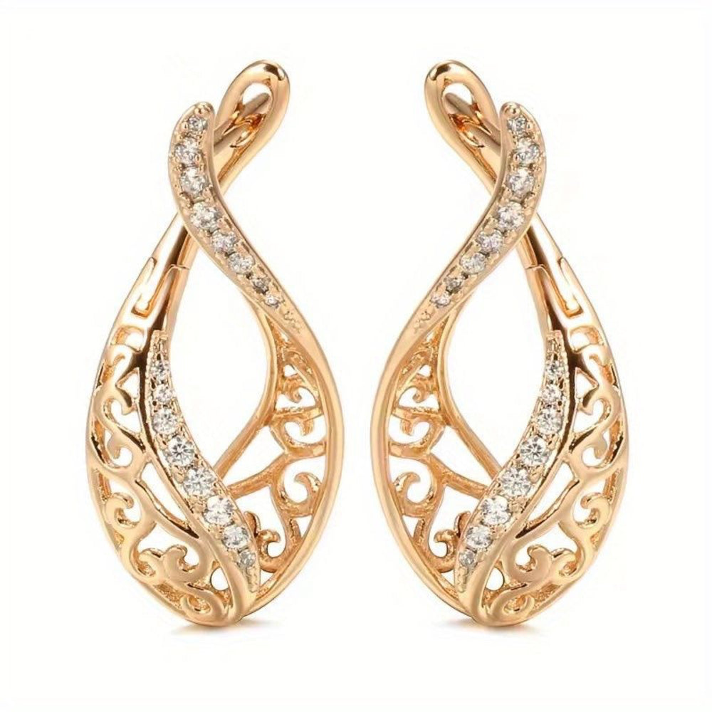 Champagne Gold-Tone Openwork Vine Teardrop Earrings with White Crystals