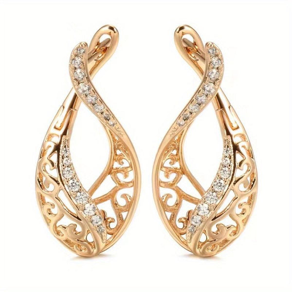 Champagne Gold-Tone Openwork Vine Teardrop Earrings with White Crystals