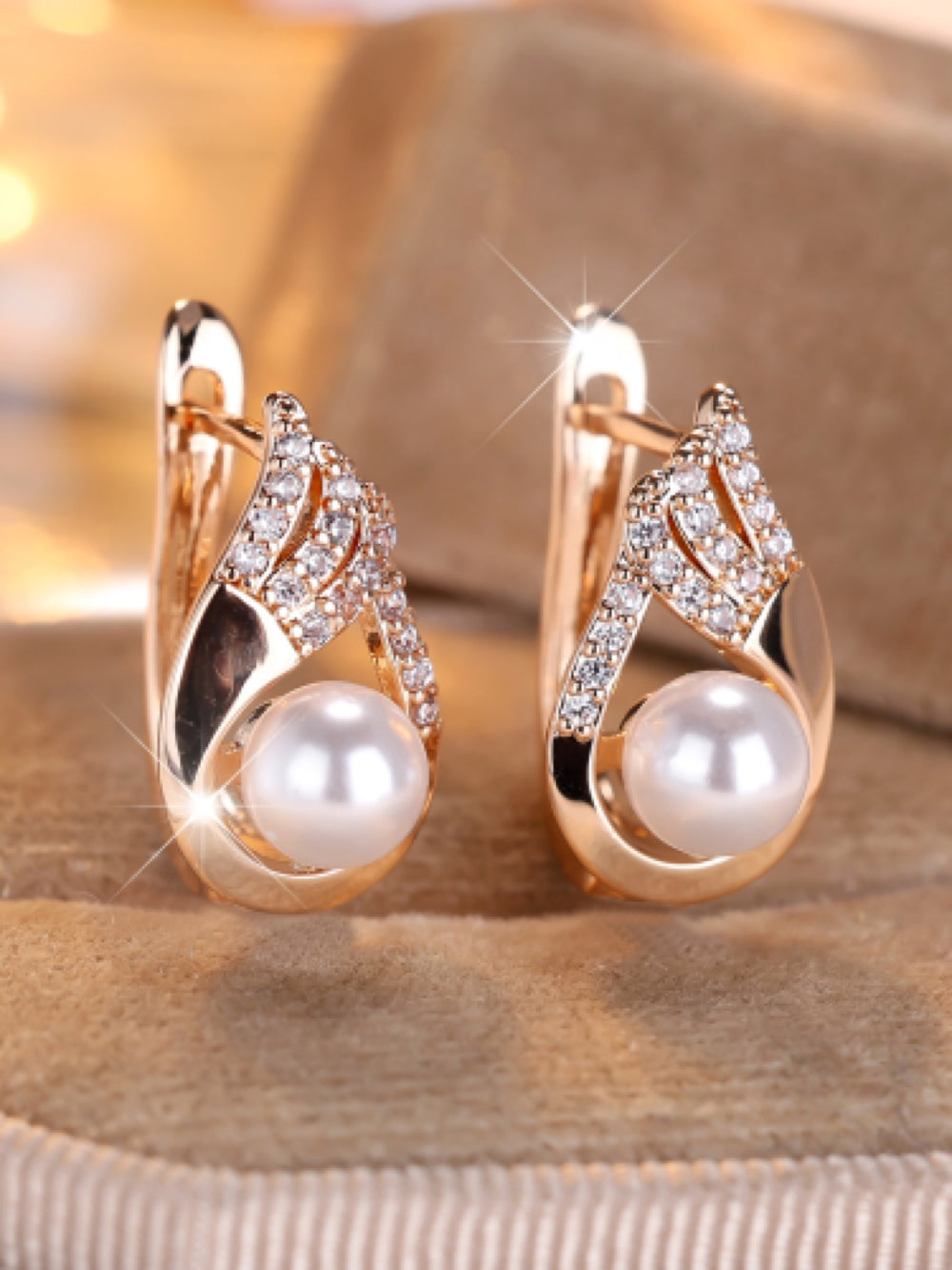 Champagne Gold-Tone Simulated Pearl & White Crystal Feather Huggie Earrings