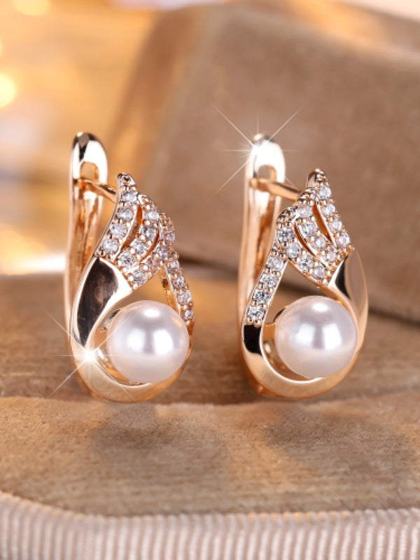 Champagne Gold-Tone Simulated Pearl & White Crystal Feather Huggie Earrings