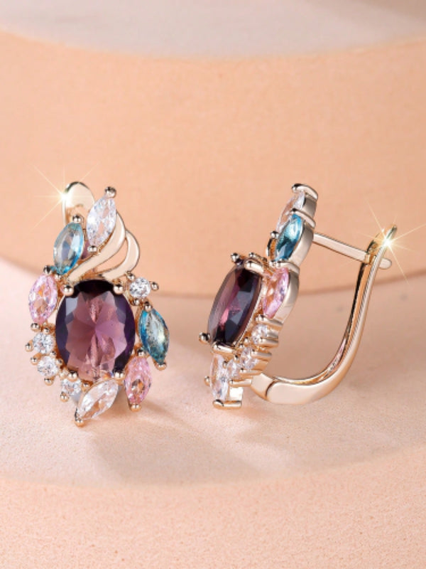 Champagne Gold-Tone Purple Oval Multicolor Crystal Huggie Earrings