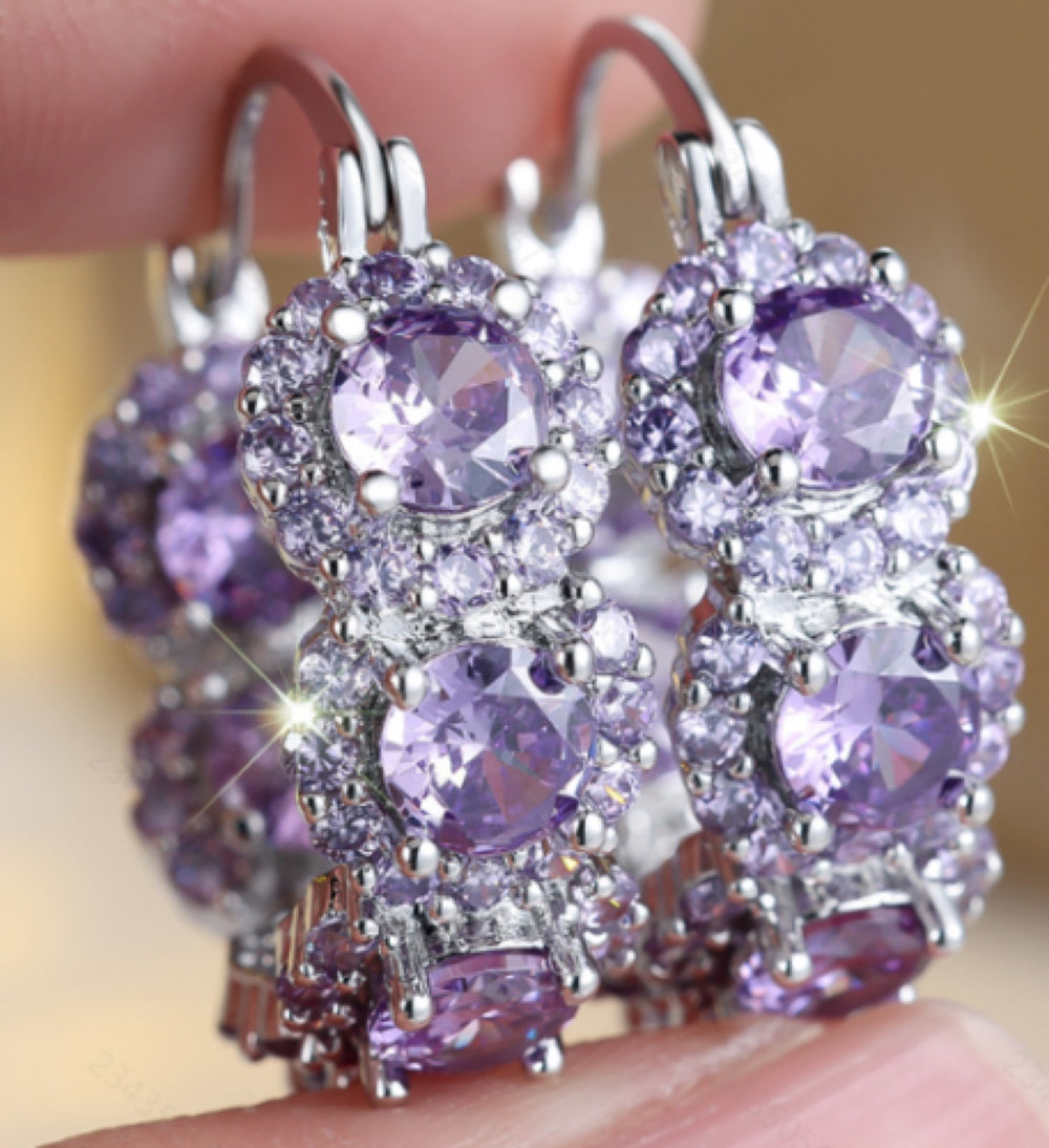Silver-Tone Purple Crystal Halo Full-Circle Hoop Earrings