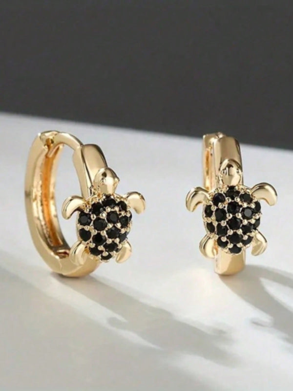 Gold-Tone Black Crystal Pave Turtle Huggie Hoop Earrings
