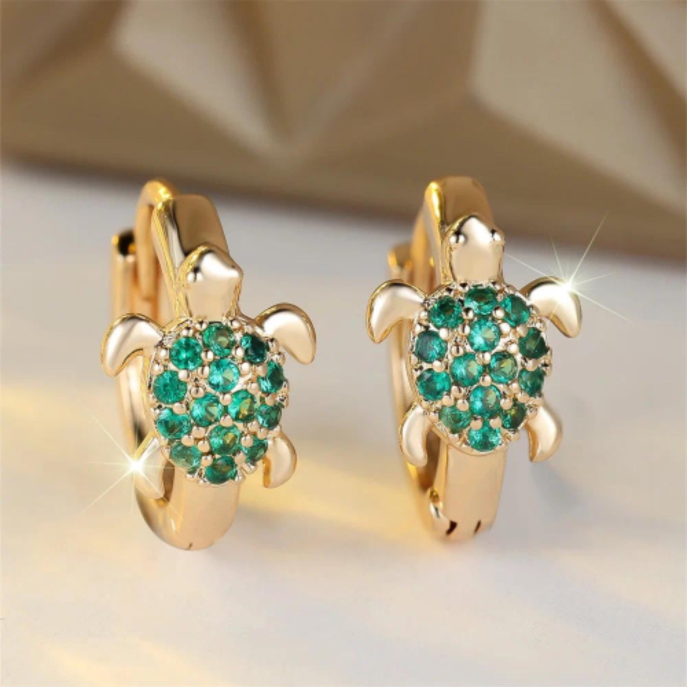 Gold-Tone Green Crystal Pave Turtle Huggie Earrings