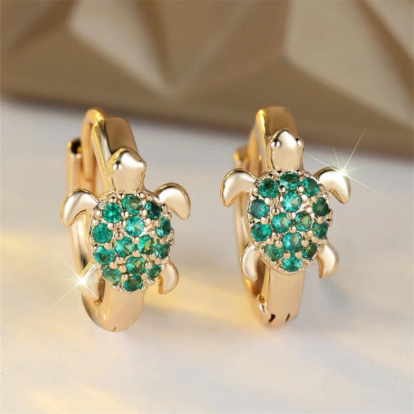 Gold-Tone Green Crystal Pave Turtle Huggie Earrings