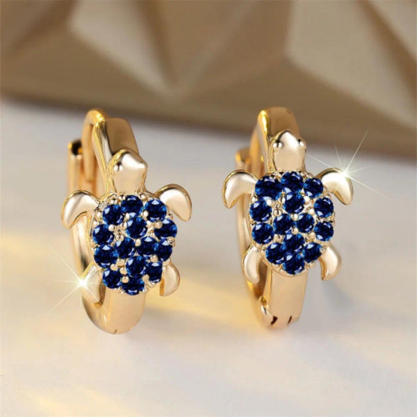 Gold-Tone Royal Blue Crystal Turtle Huggie Earrings