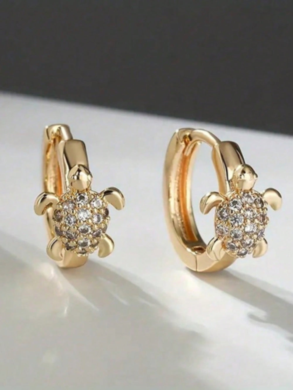 Gold-Tone White Crystal Pave Turtle Huggie Earrings