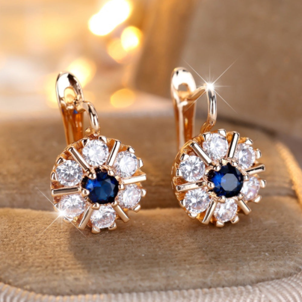 Champagne Gold-Tone Royal Blue & White Crystal Flower Huggie Earrings