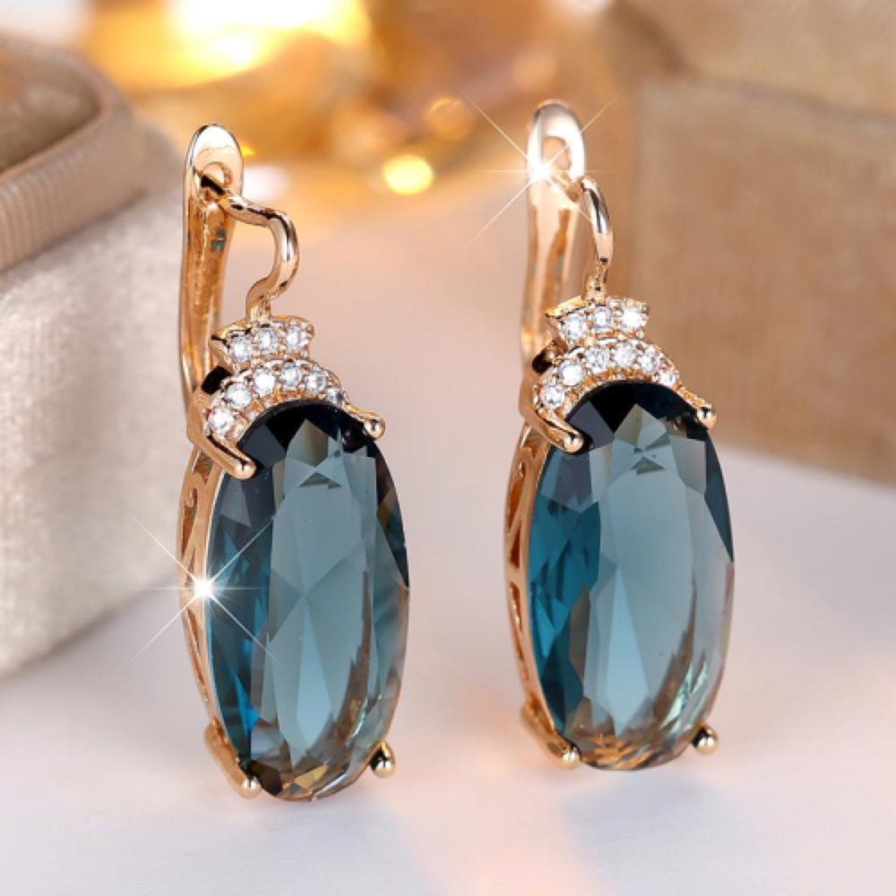 Champagne Gold-Tone Teal Blue Oval Crystal Statement Drop Earrings