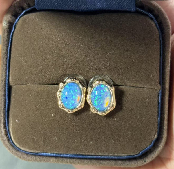 Champagne Gold-Tone Oval Blue Simulated Opal Bezel Stud Earrings