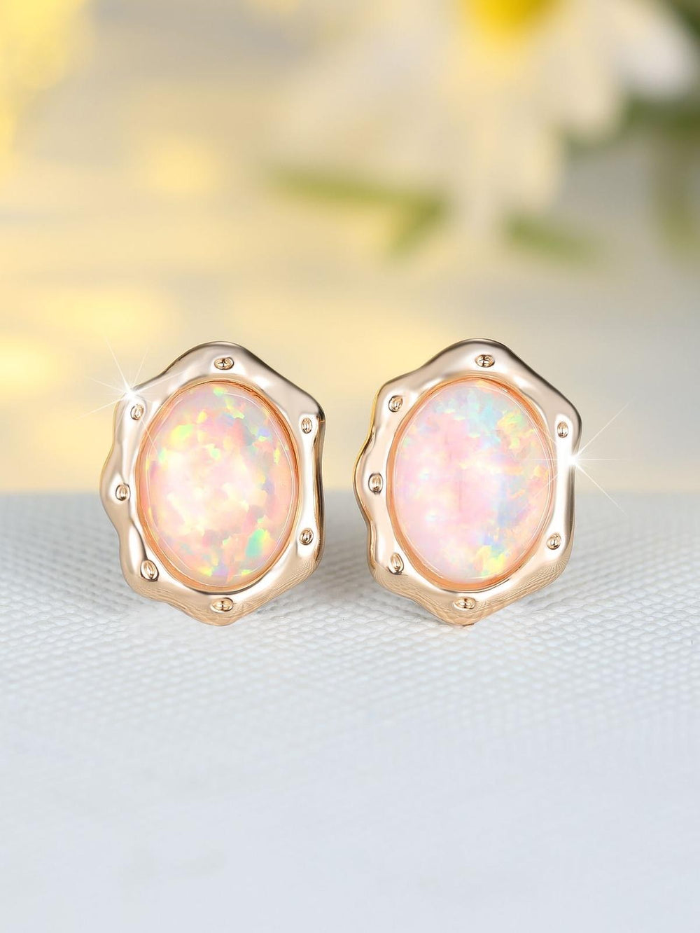 Champagne Gold-Tone White Oval Simulated Opal Egg-Shape Drop Earrings