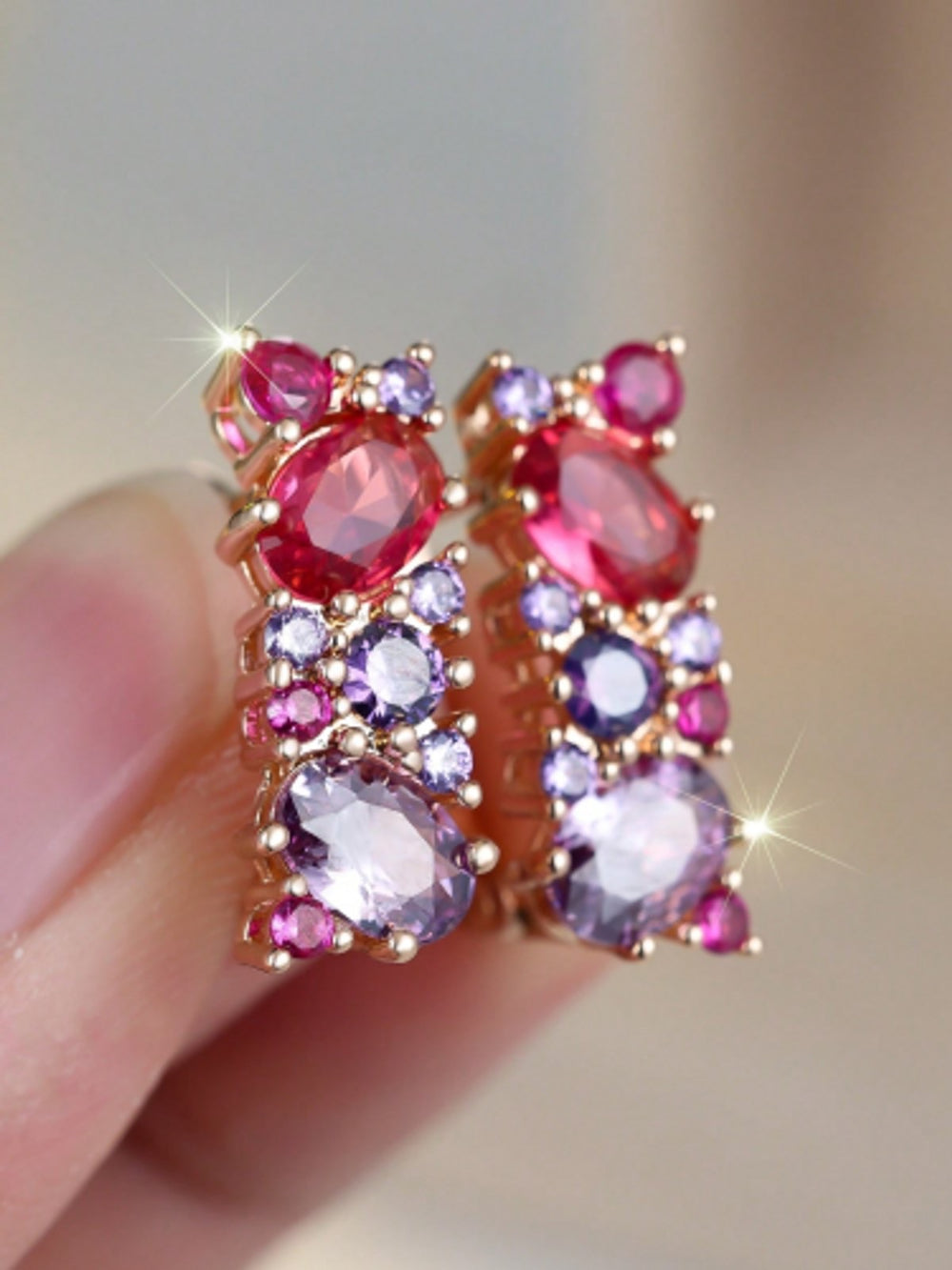 Champagne Gold-Tone Rose Red Crystal Drop Earrings