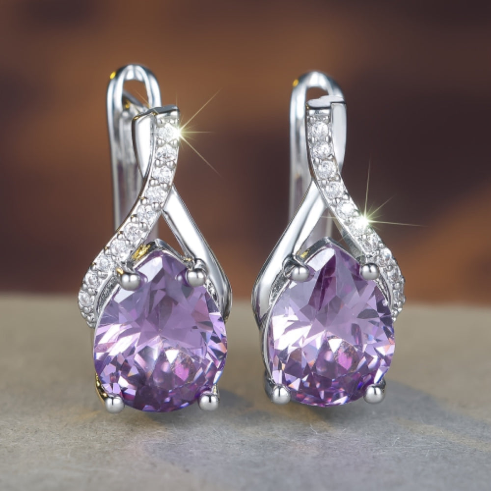 Silver-Tone Lavender Teardrop Crystal Ribbon Edge Huggie Earrings