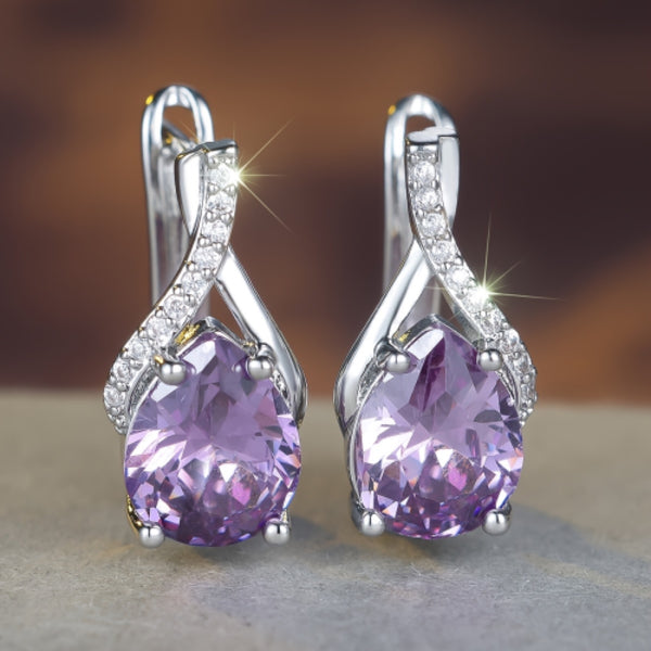Silver-Tone Lavender Teardrop Crystal Ribbon Edge Huggie Earrings