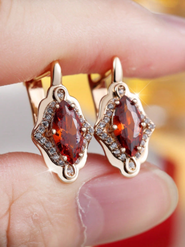 Champagne Gold-Tone Marquise Garnet-Red Crystal Halo Huggie Earrings
