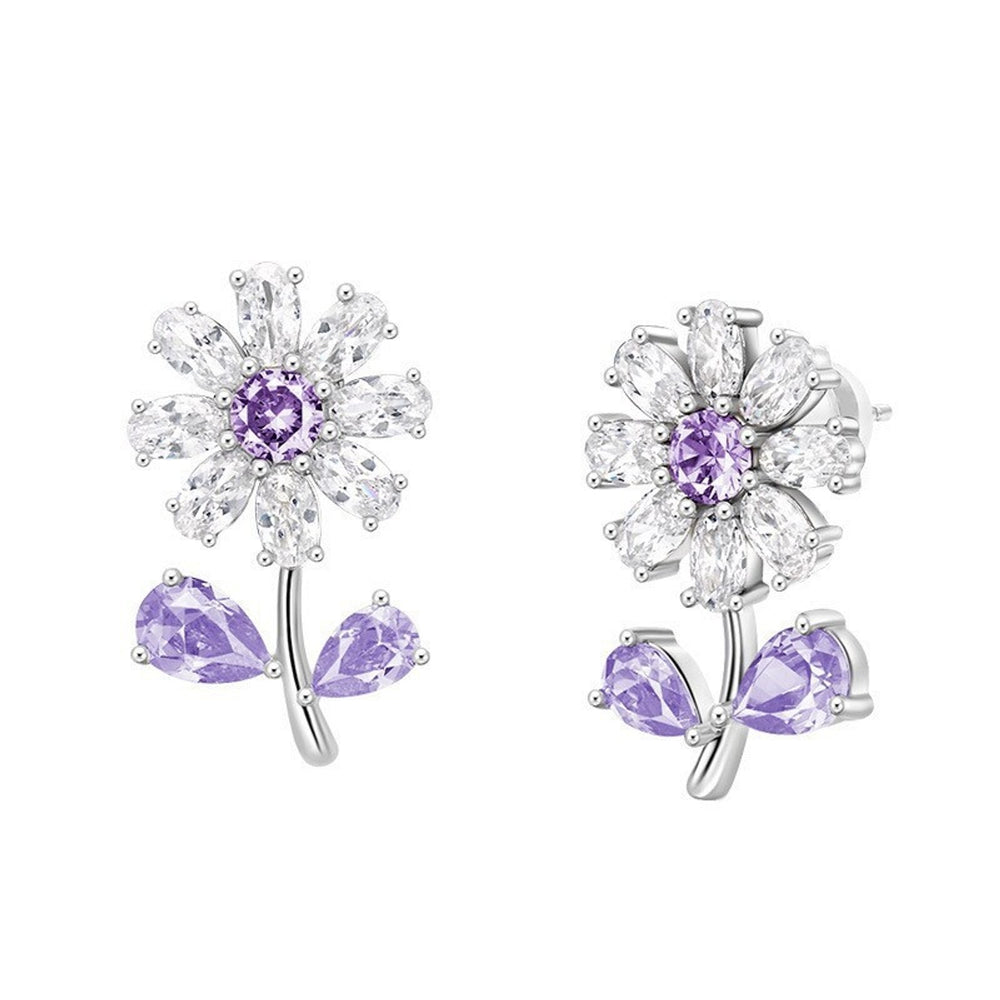 Silver-Tone Purple Crystal Daisy Drop Earrings