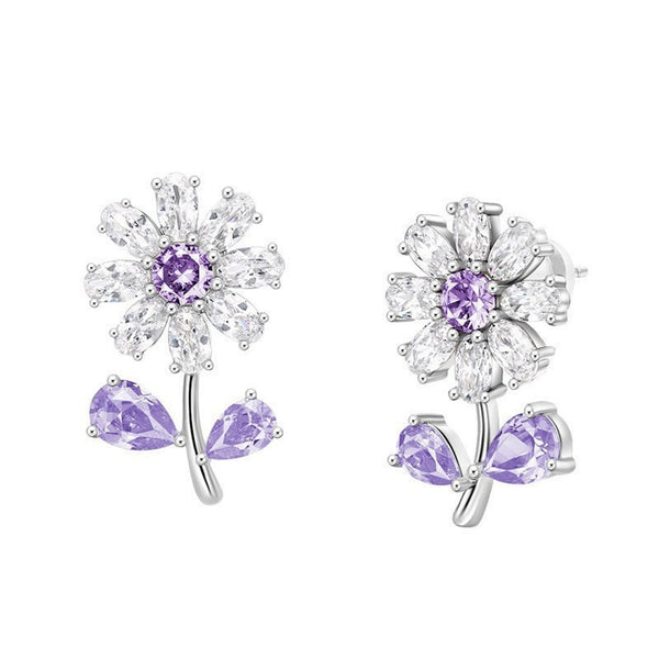 Silver-Tone Purple Crystal Daisy Drop Earrings