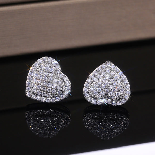 Silver-Tone Micro-Set Cubic Zirconia Pave Heart Stud Earrings