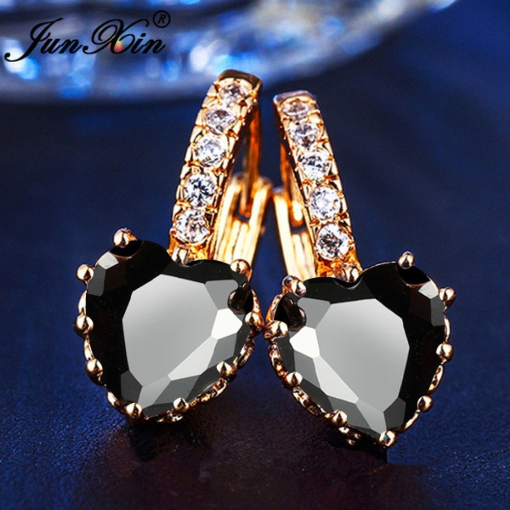 Gold-Tone Black Crystal Heart Huggie Earrings With Crystal Accents