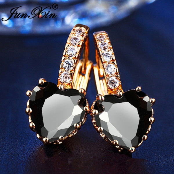 Gold-Tone Black Crystal Heart Huggie Earrings With Crystal Accents