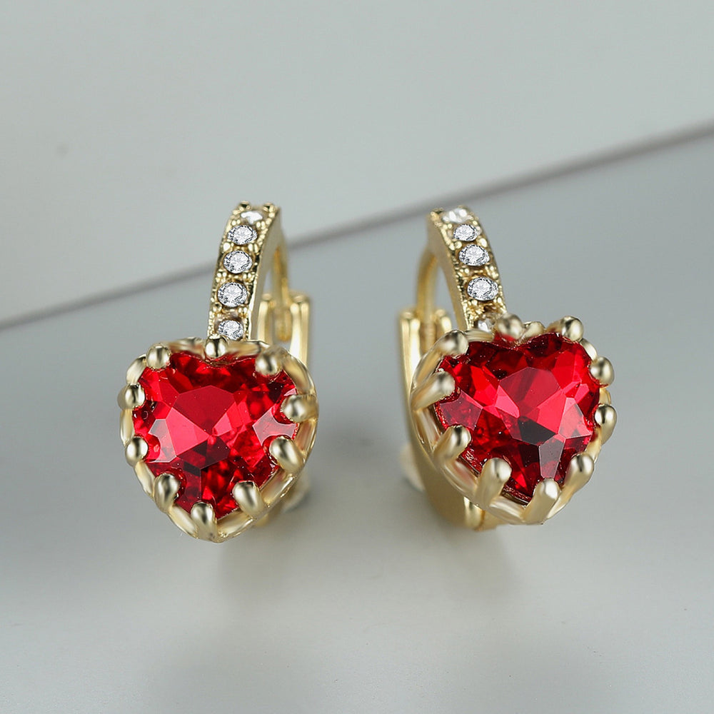 Gold-Tone Red Heart Crystal Crown-Set Huggie Earrings