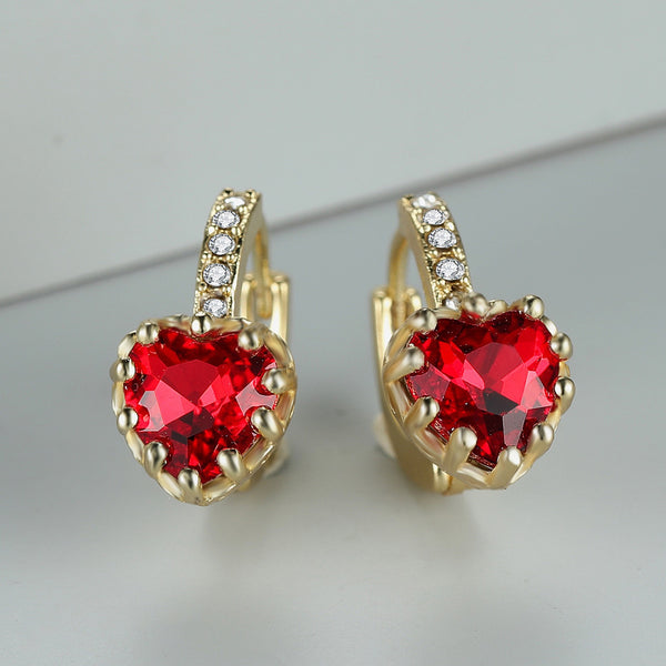 Gold-Tone Red Heart Crystal Crown-Set Huggie Earrings