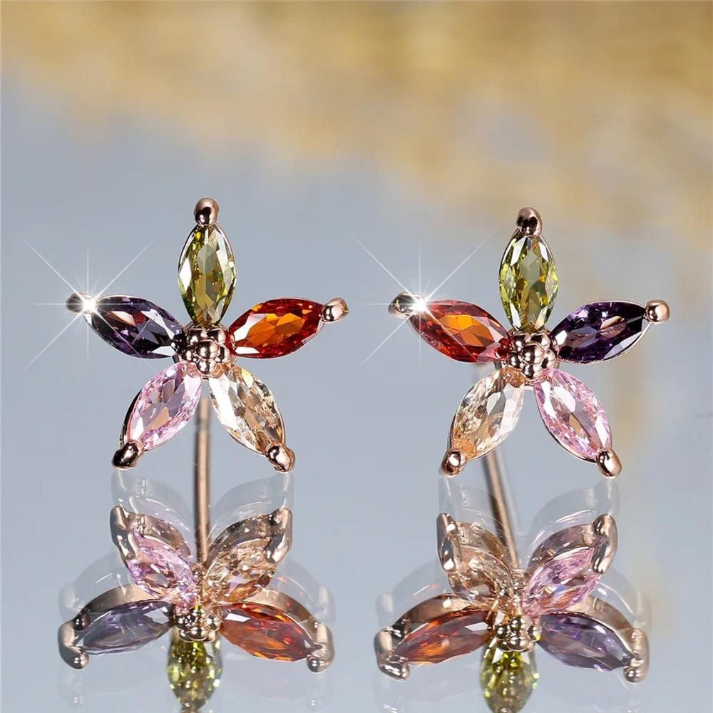 Rose Gold-Tone Multicolor Marquise Crystal Star Flower Stud Earrings