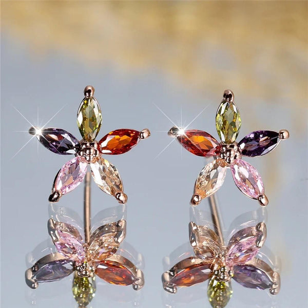 Rose Gold-Tone Multicolor Marquise Crystal Star Flower Stud Earrings