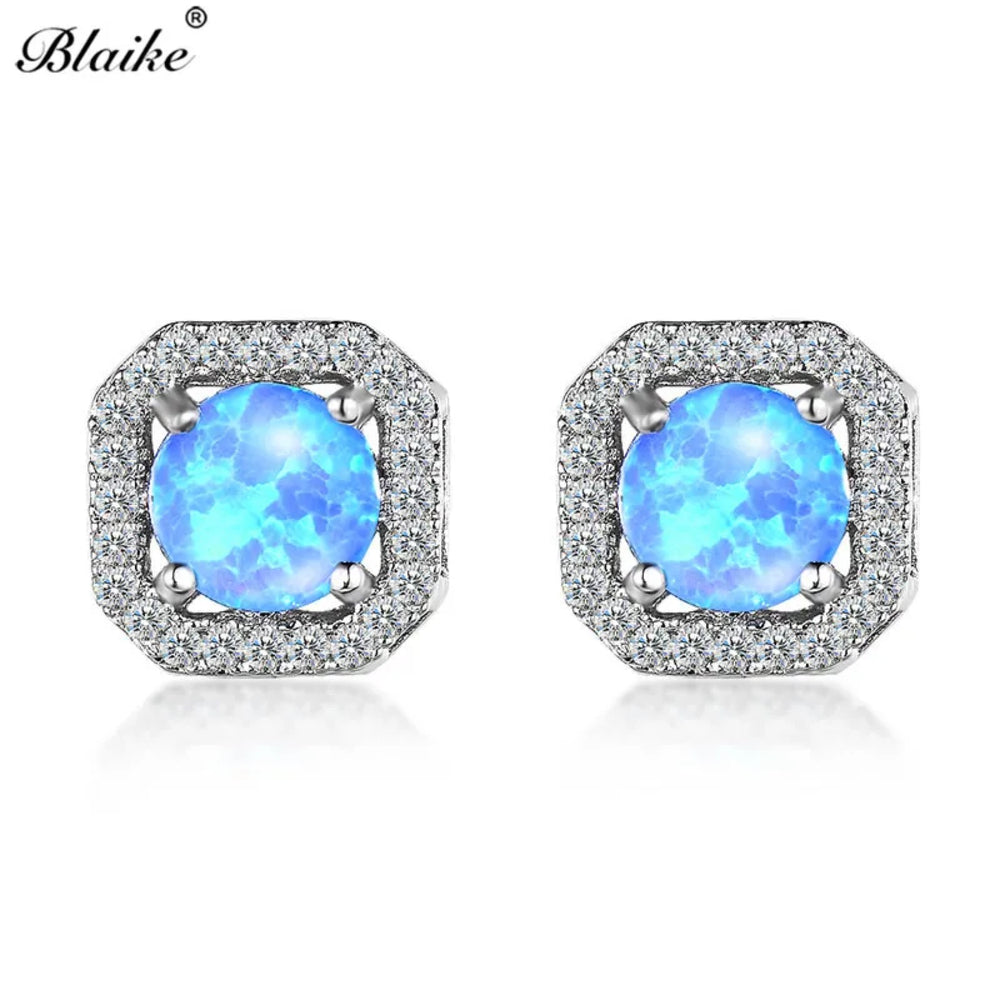Silver-Tone Round Blue Simulated Opal Crystal Halo Square Stud Earrings