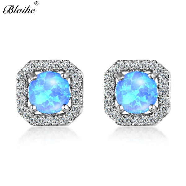 Silver-Tone Round Blue Simulated Opal Crystal Halo Square Stud Earrings