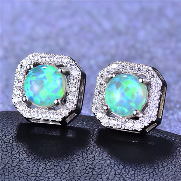 Silver-Tone Green Simulated Opal Round Crystal Halo Square Stud Earrings