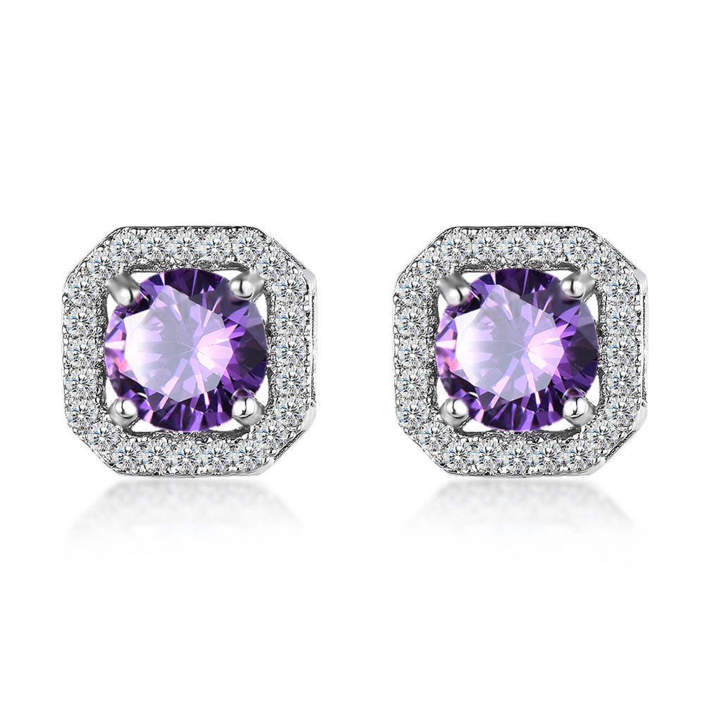 Silver-Tone Purple Crystal Rounded Square Halo Stud Earrings
