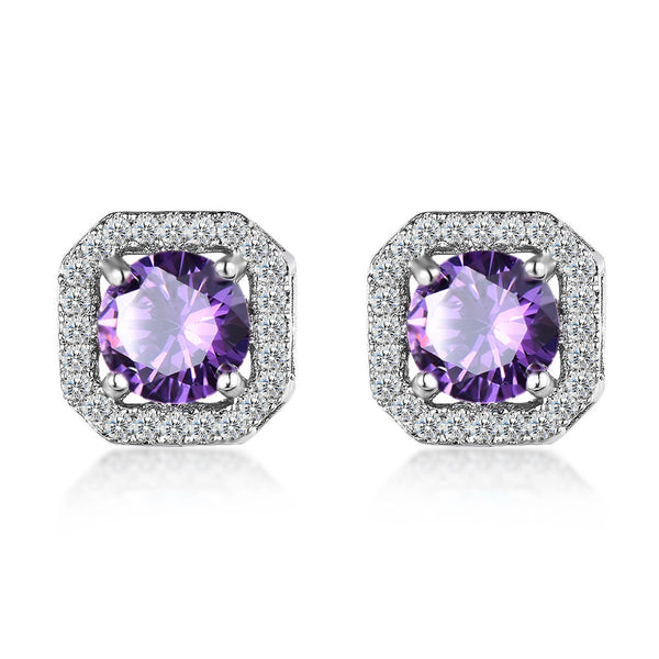 Silver-Tone Purple Crystal Rounded Square Halo Stud Earrings